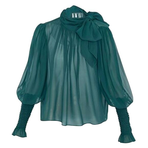 Ulla Johnson Lesli Silk Chiffon Blouse Women's Sz 6 Green Sheer Puff Sleeve Bow - Picture 5 of 14